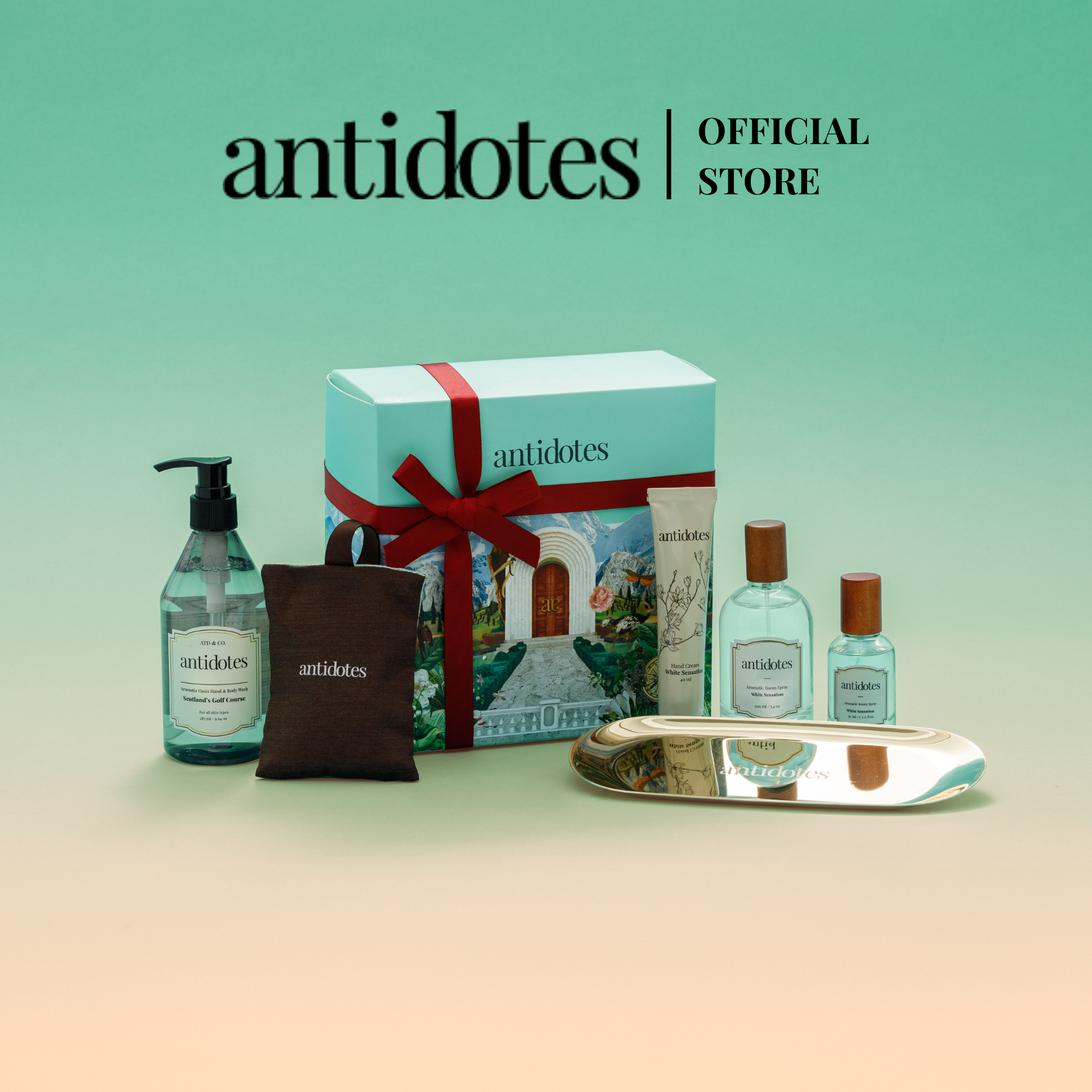 Gift Set 6: Perfect Ambience | Hand Cream, Perfume Sachet, Hand-Body Wash, Gold Tray, Room Spray