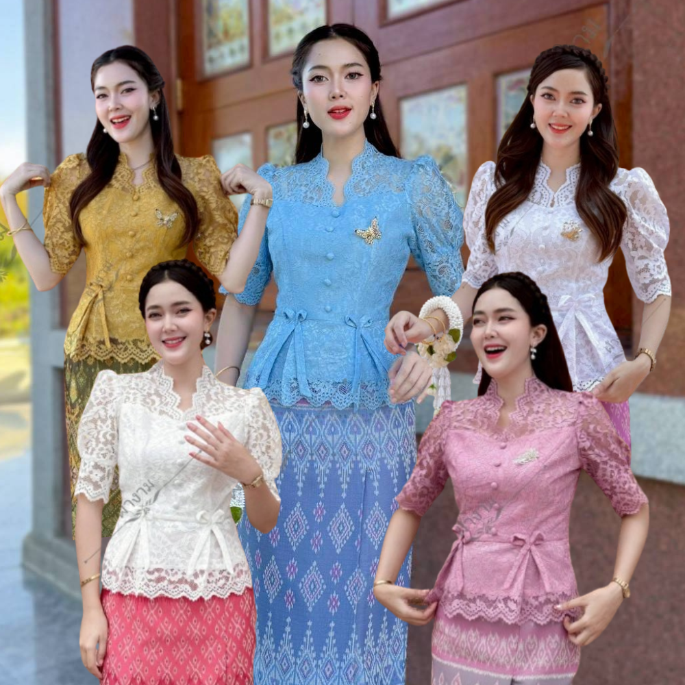 เสื้อลูกไม้ แขนสั้น ชายระบาย แต่งโบว์น่ารักๆ 2 ข้าง งานเข้ารูปพรางหุ่นสวย ใส่ไปวัดทำบุญสวยมาก