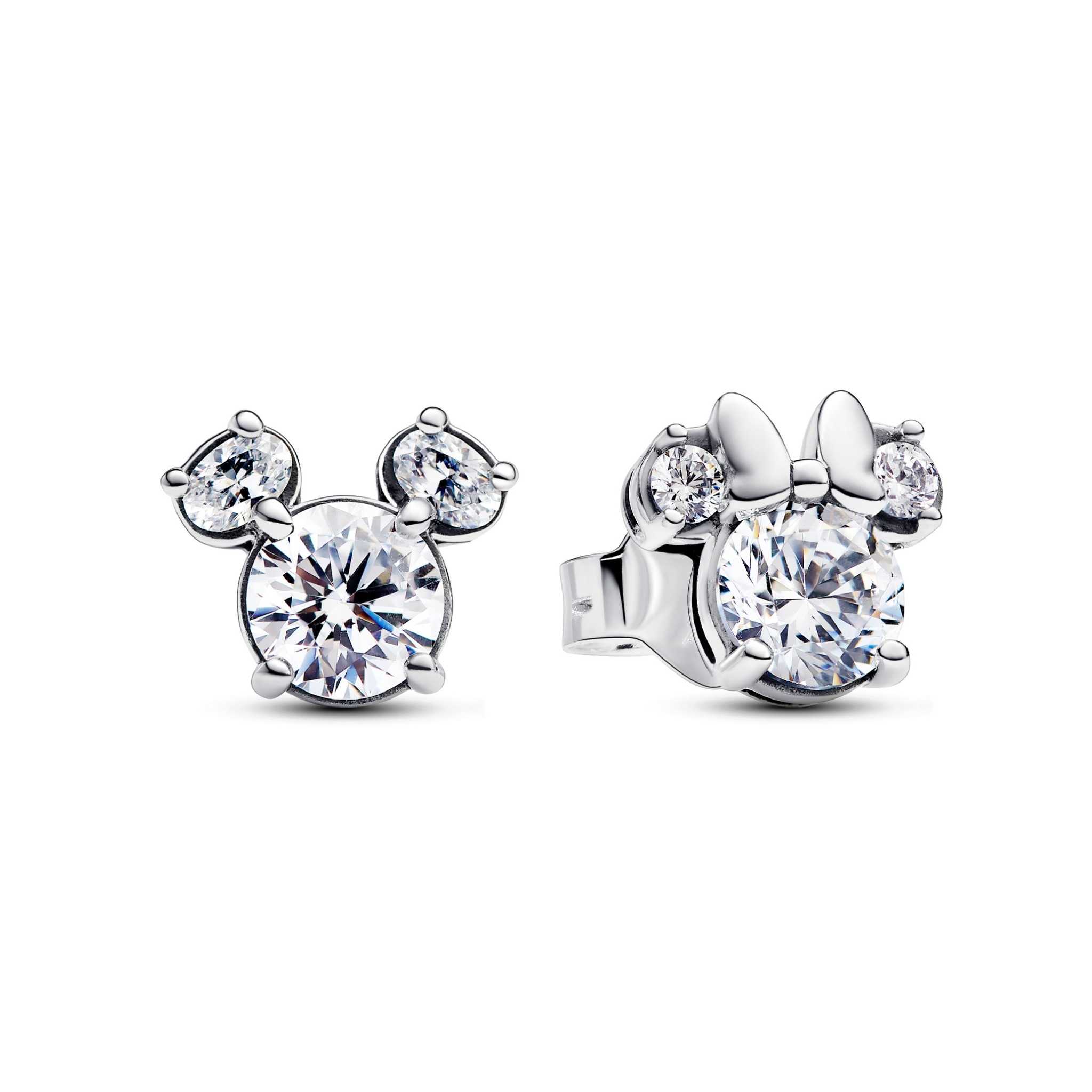 Disney Mickey and Minnie silhouette sterling silver stud earrings with clear cubic zirconia