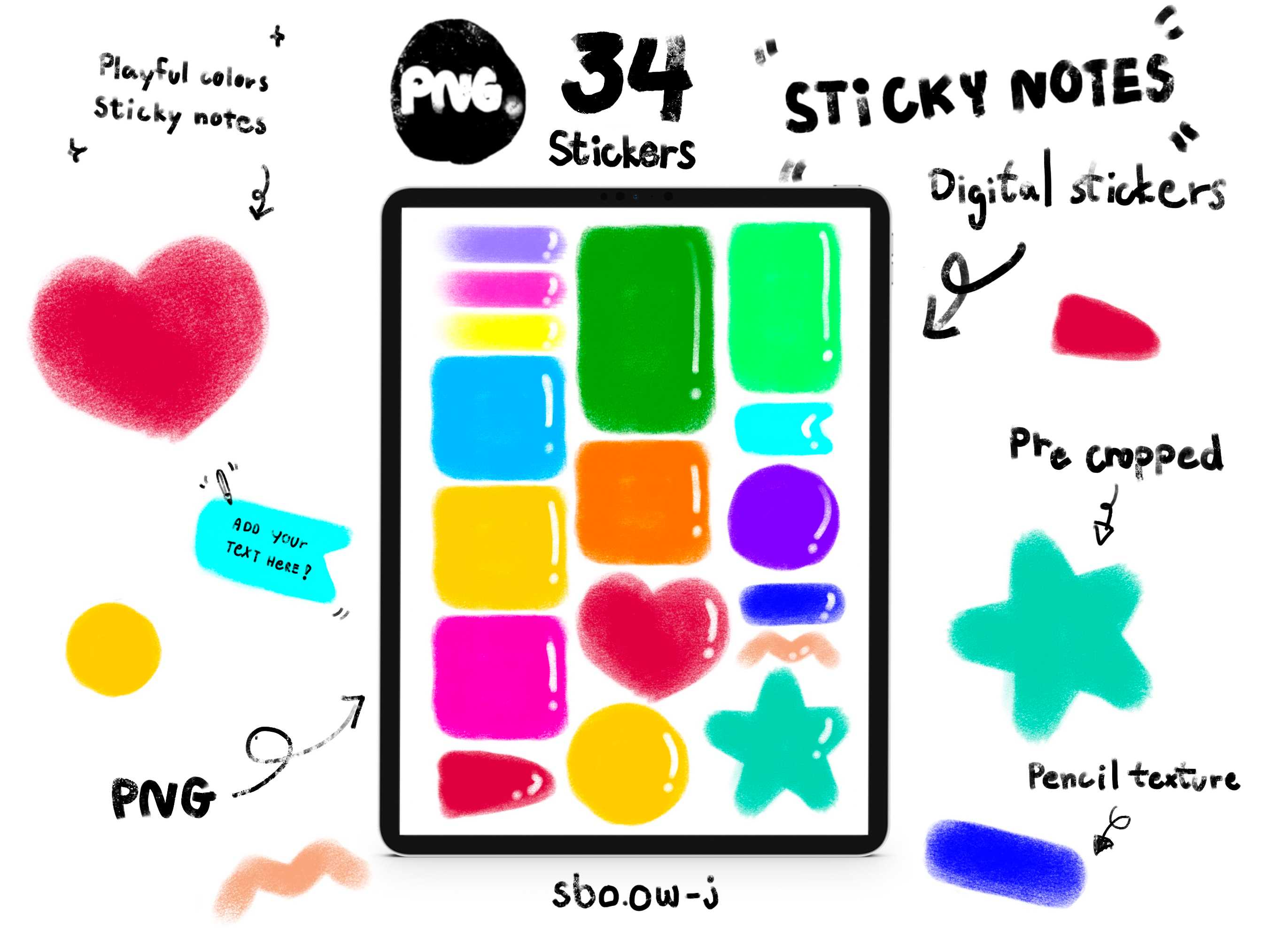 34 ชิ้น สติ๊กเกอร์ดิจิตอลโพสอิทสุดคิ้ว/แต่งแพลนเนอร์ GOODNOTES,Keynote,Planner,น่ารัก,PNG