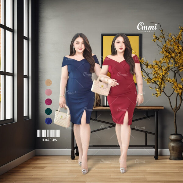 Ommishop ชุดราตรีสั้น 1134ZS-PS ปาดไหล่วีนก ผ้าซาร่าเงา เดรสออกงาน ชุดงานแต่ง เพื่อนเจ้าสาว สาวอว...