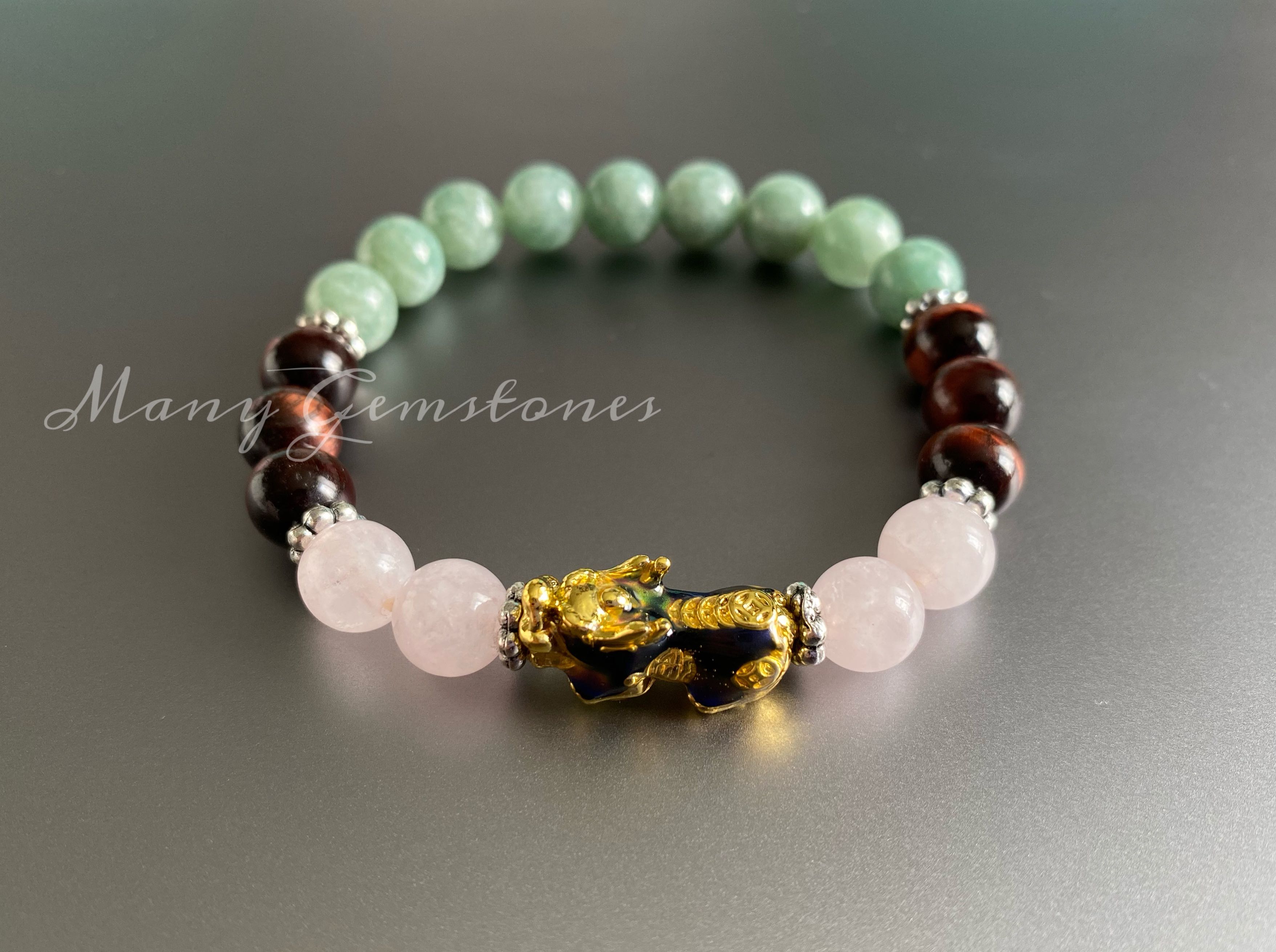 กำไลหินมงคล สร้อยข้อมือหินมงคลนำโชค ปี่เซียะ 5 ธาตุ + Rose Quartz +Red Tiger eyes +Jade