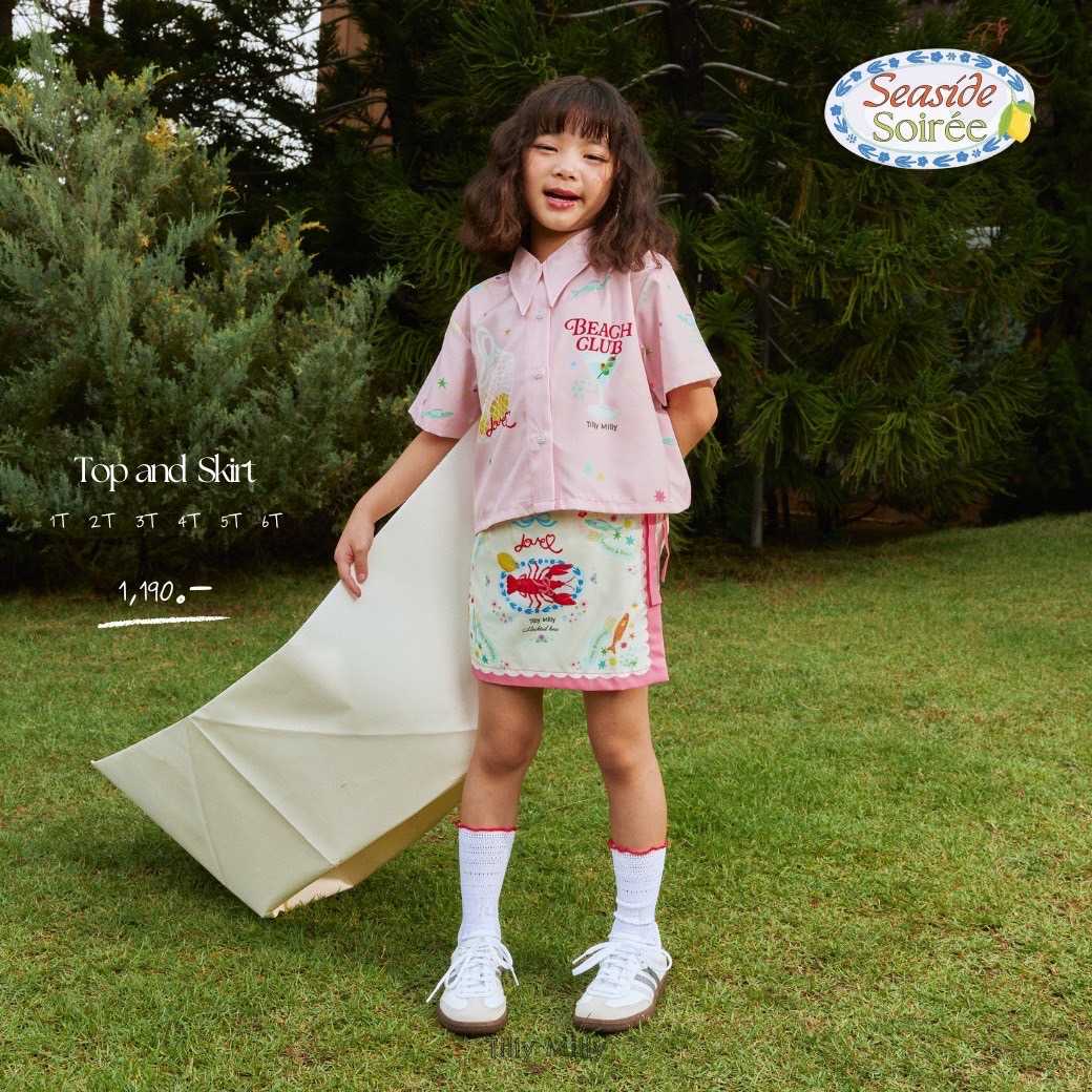 Tilly Milly เซ็ตเด็กผู้หญิงเสื้อคอปก กระโปรงสั้น (สีชมพูขาว) - Seaside Soirée