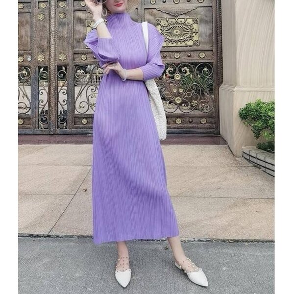 2MUAY รุ่น GJO7877 HIGH NECK ANGLE SLEEVE PLEAT DRESS เดรสผู้หญิง เดรสพลีทคุณภาพ 11สี FREE SIZE