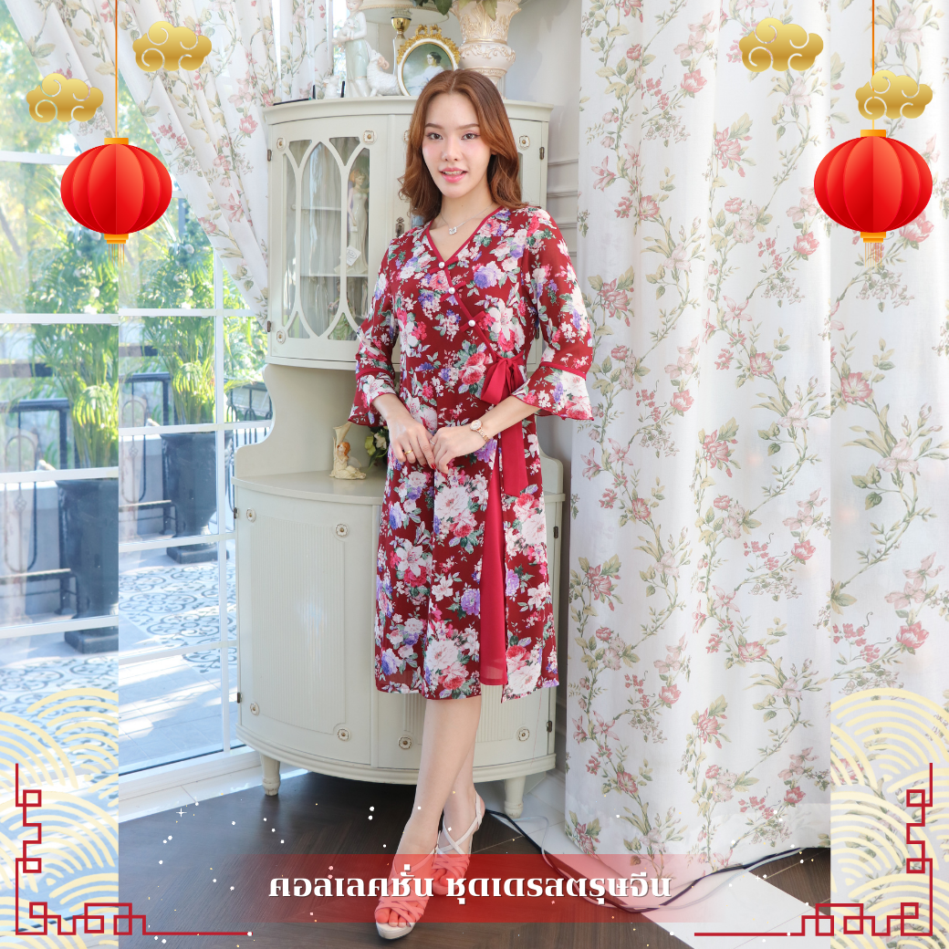 ชุดเดรสสวยเหมือนสั่งตัด ชุดเดรสสาวอวบ จีนกุ้น มีไซส์รอบอก 38,40,42,44,46 นิ้วแบรนด์ bluecherry
