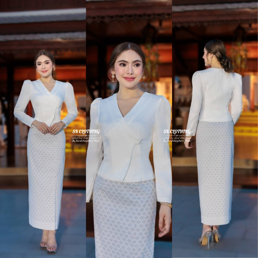 ชุดเซ็ทผ้าไทย ชุดผ้าไทย เสื้อไหมญี่ปุ่น แขนยาว ผ้าถุงผ้าฝ้ายทอลายไทย สีเทาเงิน สวยมาก