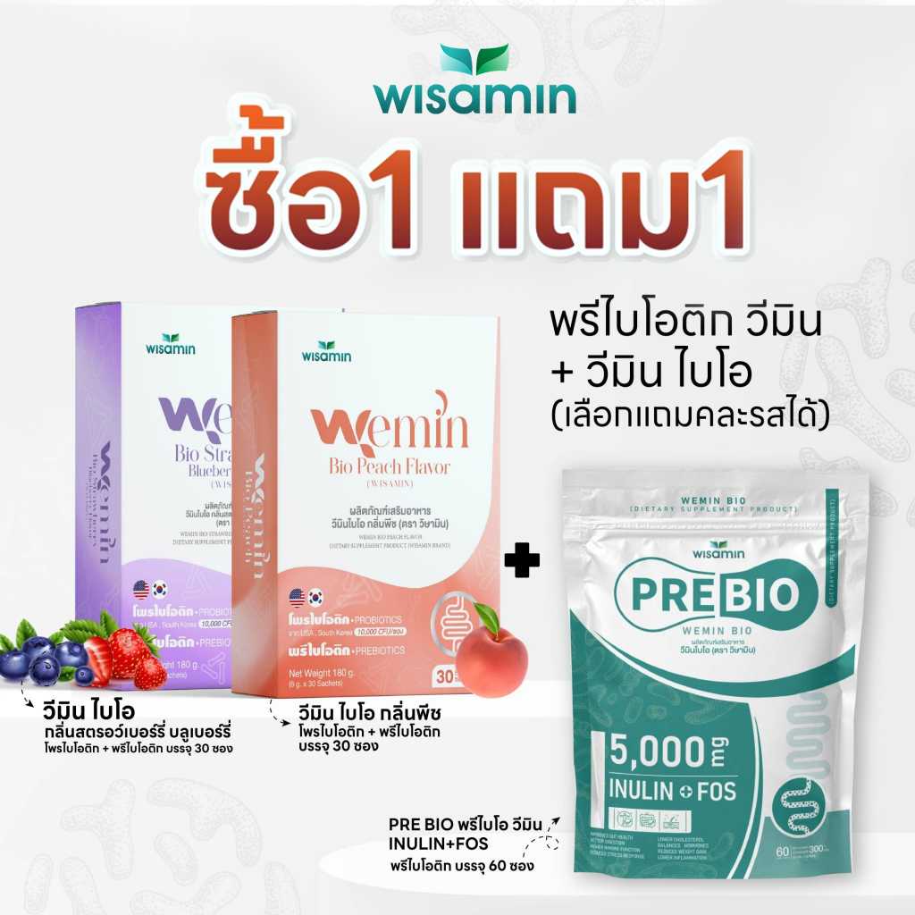 (เซตคู่) PRE BIO พรีไบโอ 60 ซอง + WEMIN BIO วีมินไบโอ 30 ซอง (ตราวิษามิน) สินค้า 2 ชิ้น รวม 90 ซอง