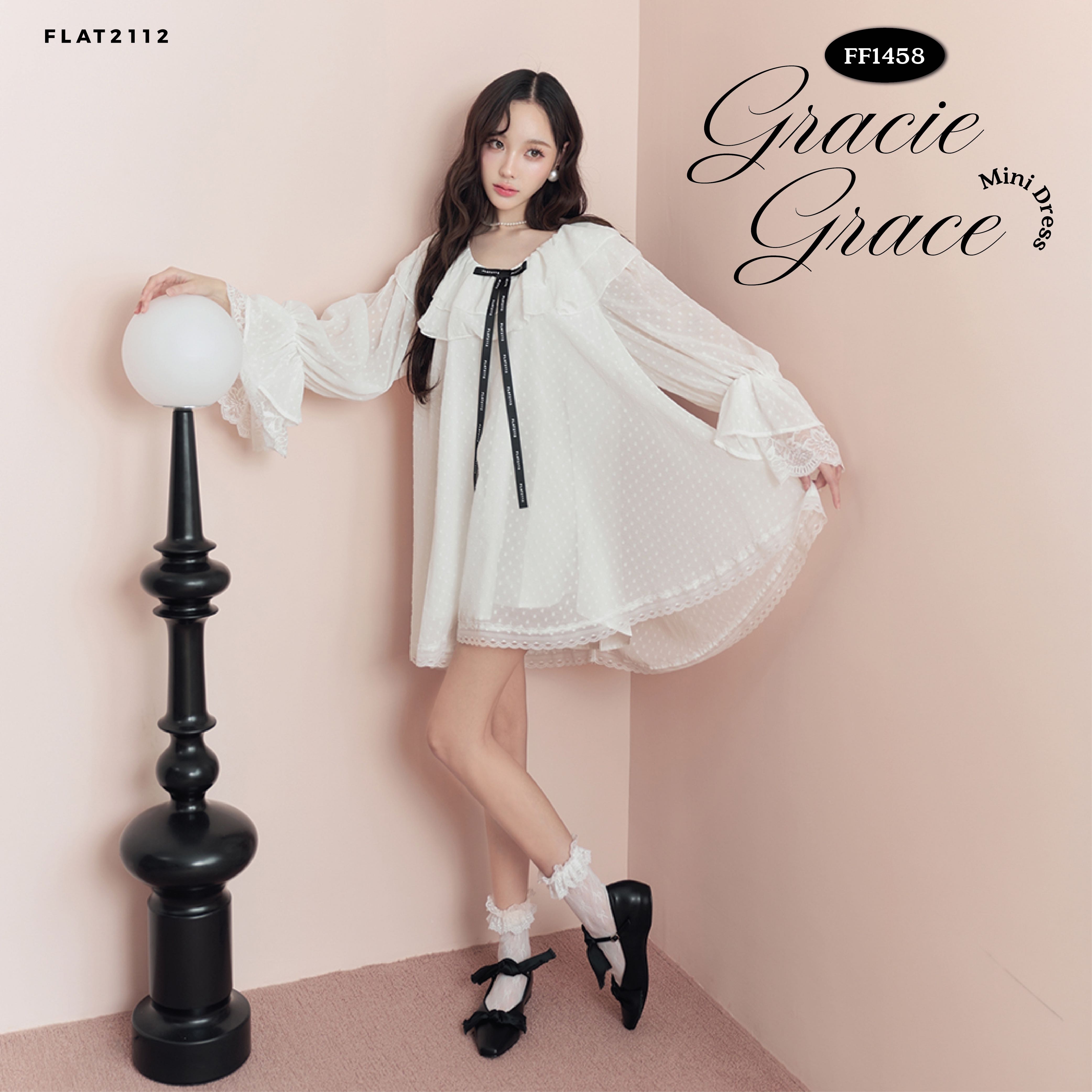 FLAT2112 : GRACIE GRACE MINI DRESS  เดรสผู้หญิงโทนขาวสะอาดตา ดีไซน์ระบายเลเยอร์ช่วงคอ (FF1458)