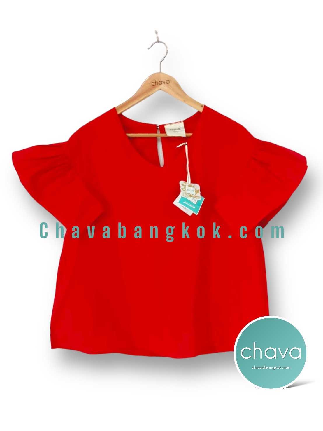 NEW!! เสื้อ Top / BLOUSE (สีแดง) คอวี แขนระบาย กระดุมหลัง
