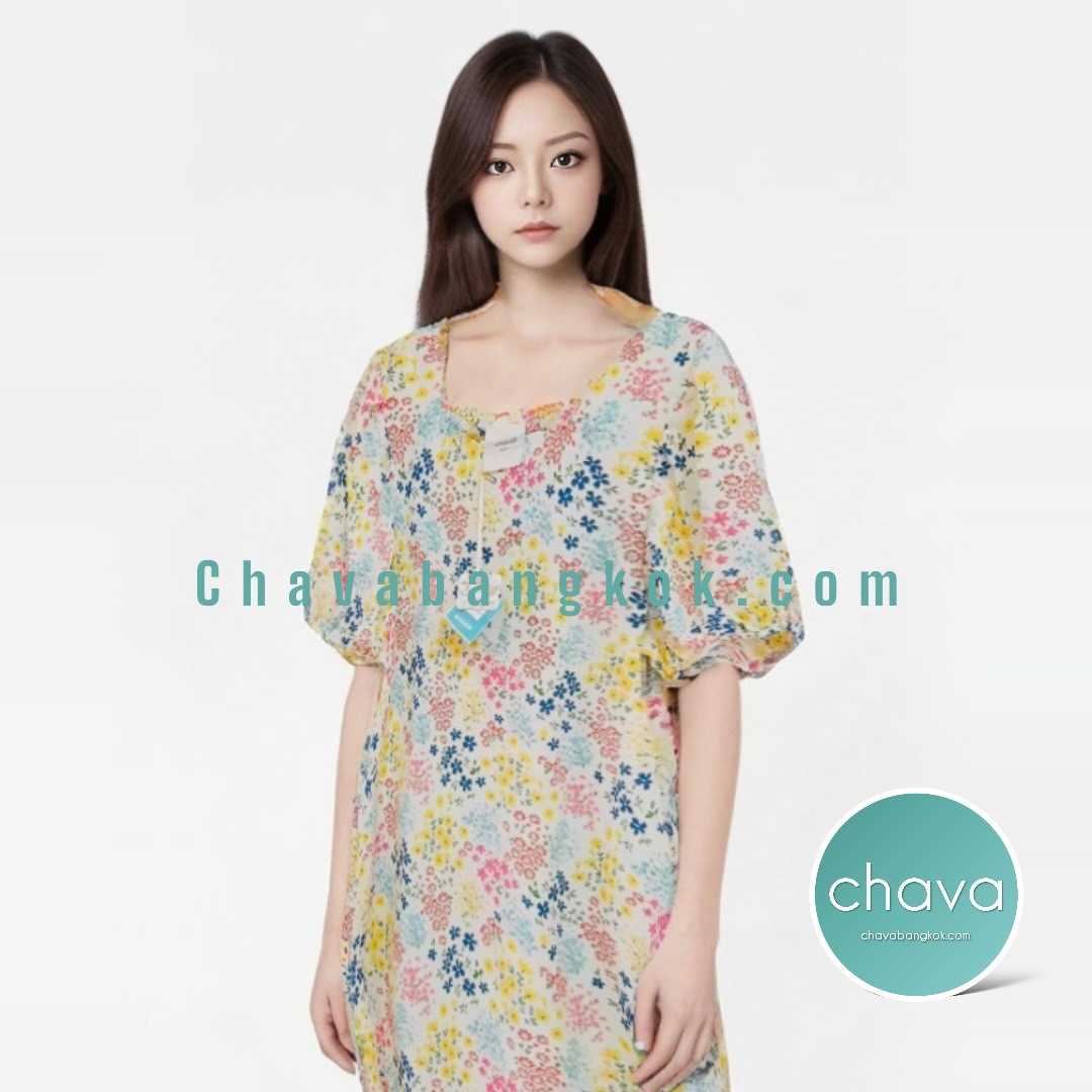 NEW!! Mini Dress เดรสสั้น (สีครีม)  ลายกราฟฟิคดอกไม้หลากสี กระดุมหลัง กระเป๋า 2 ข้าง