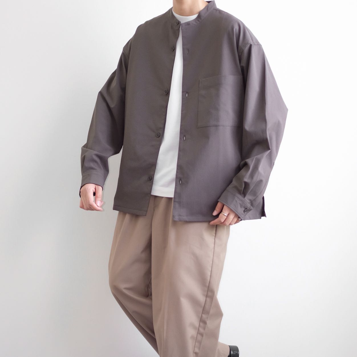 UNITED ARROWS Green Label Relaxing • FREELITCH (FREE+STRETCH) Mandarin Collar Seer Sucker Cotton