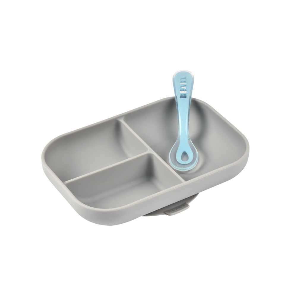 BEABA จานซิลิโคนก้นดูดแบ่งช่องพร้อมช้อนซิลิโคน Silicone Suction Divided Plate with Spoon - Grey