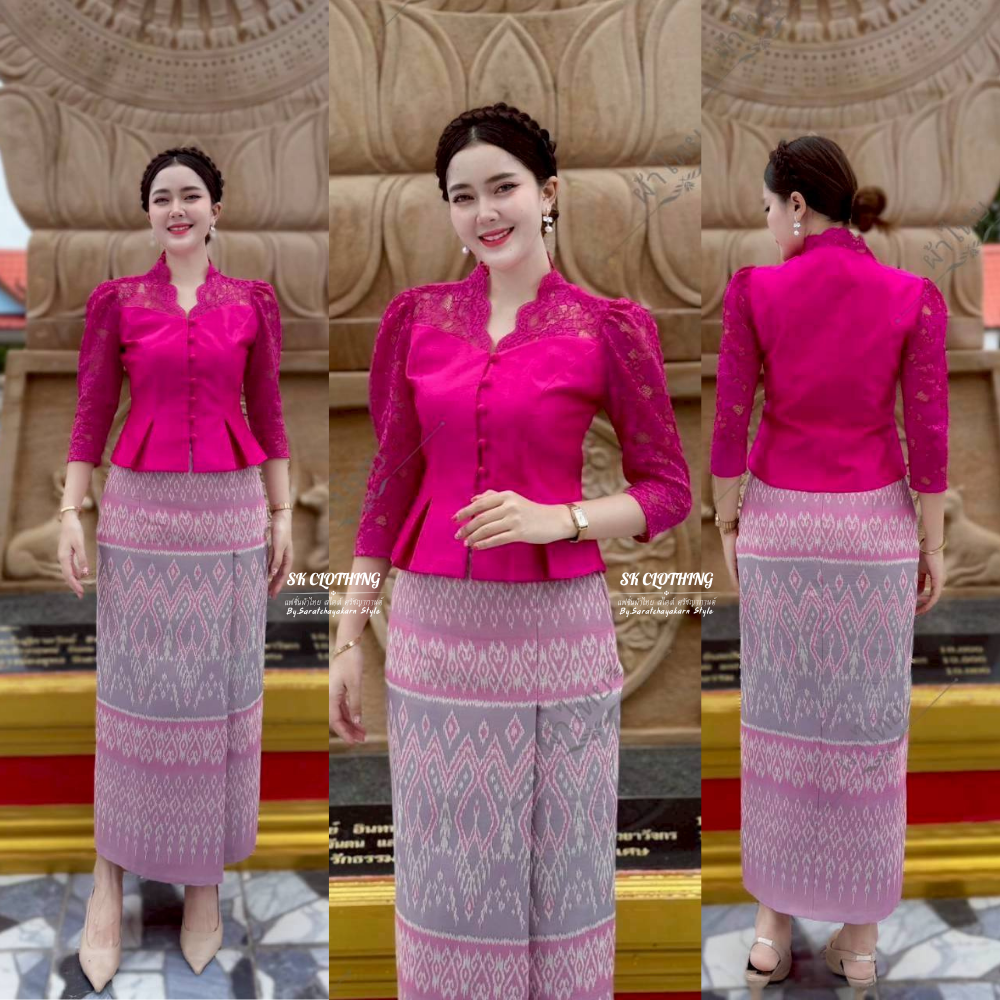 ผ้าถุงสำเร็จ ลายมัดหมี่ งานป้ายสำเร็จ ซิปซ่อนหลัง มี SIZE S-2XL เนื้อผ้าฝ้ายทอลาย อัดกาวทั้งผืน