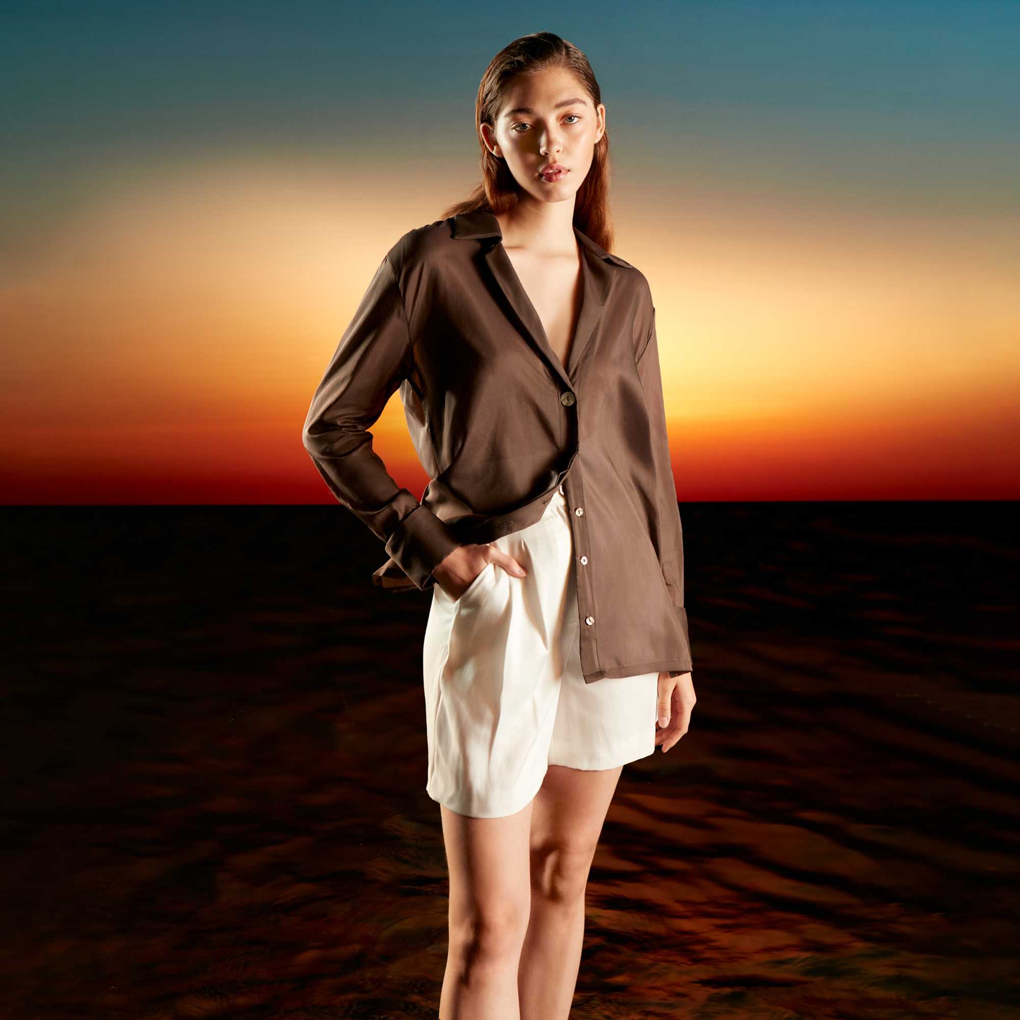 Vie Silk-Blend Open Collar Shirt in Cedar