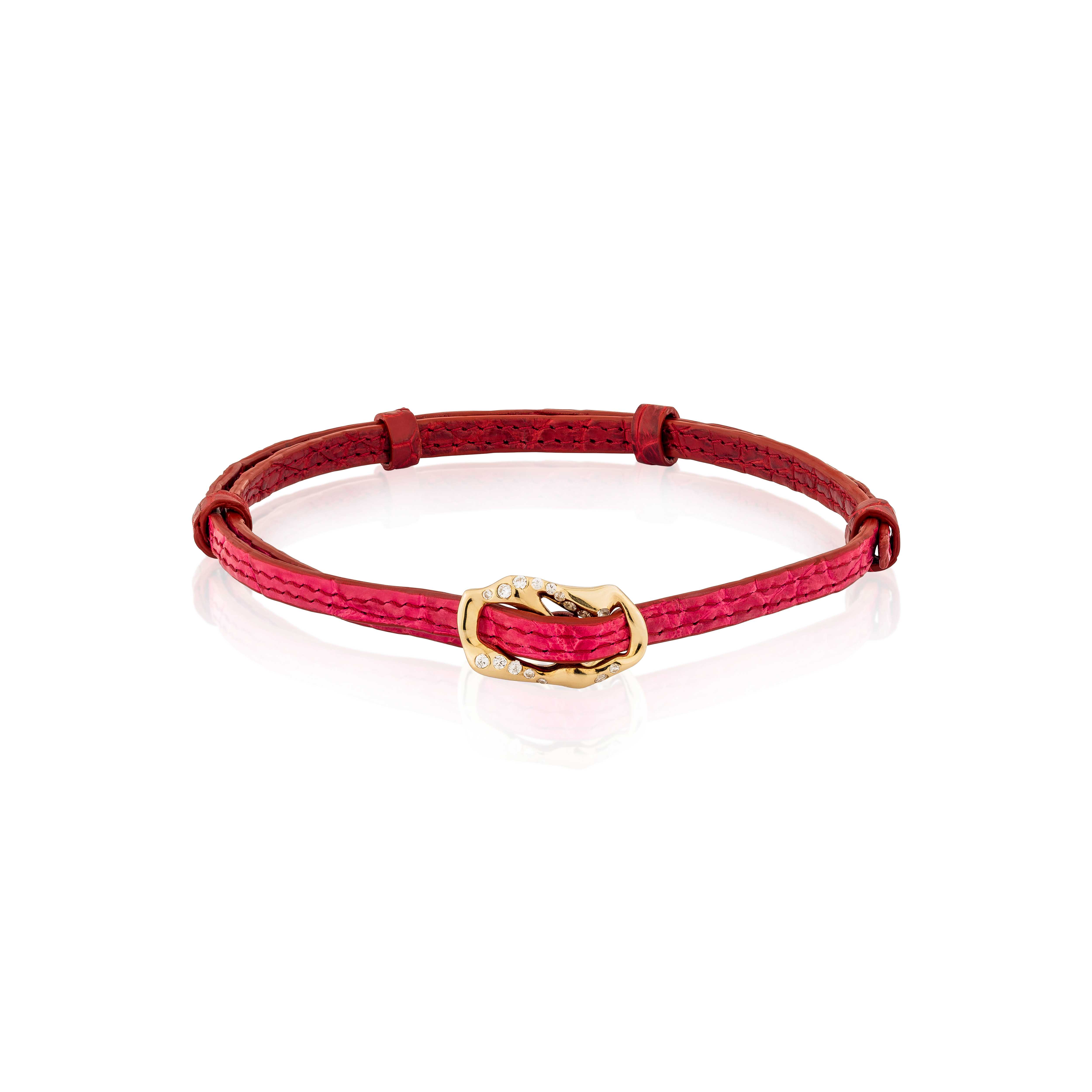 HOJ Signature Chain leather necklace จี้เข็มขัดฝั่งเพชร+สร้อยคอหนังแท้ ( Gold:red & pink )