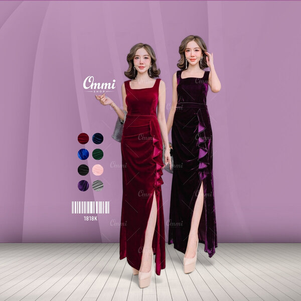 Ommishop ชุดราตรี 1818K สายสปา คอเหลี่ยม กำมะหยี่ เดรสออกงาน ชุดงานแต่ง เพื่อนเจ้าสาว