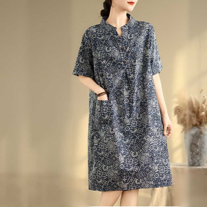 (ไซส์ใหญ่) เดรสลายกราฟฟิกทรงใหญ่แบบสวยเก๋น่าใส่มากๆ ผ้าคอตตอนผสม ผ้าดีใส่สบาย - สีกรม