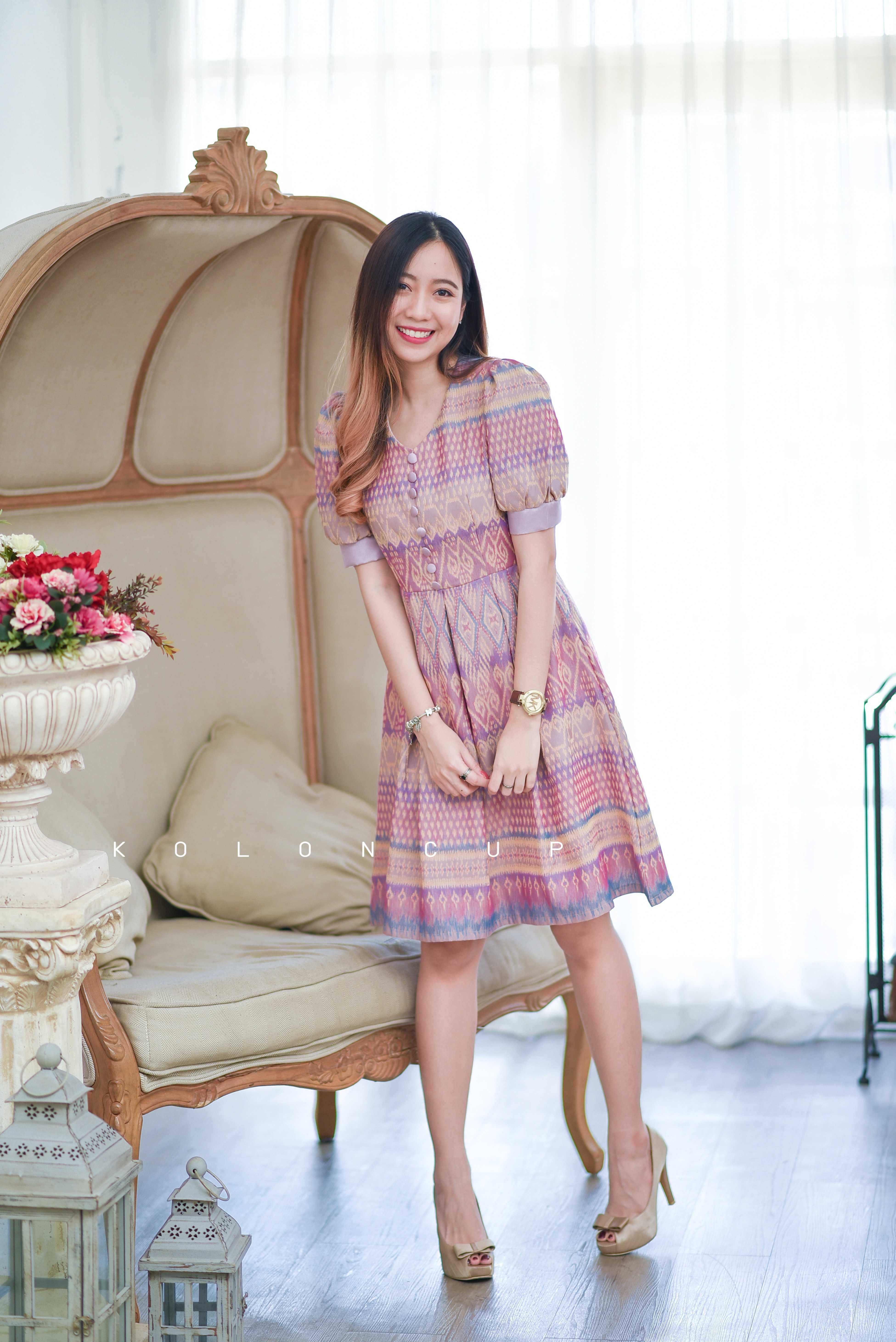 Koloncup KL3016 ชุดเดรสผ้าลายไทยแขนพอง ชุดเดรสลายไทย ชุดใส่ทำงาน
