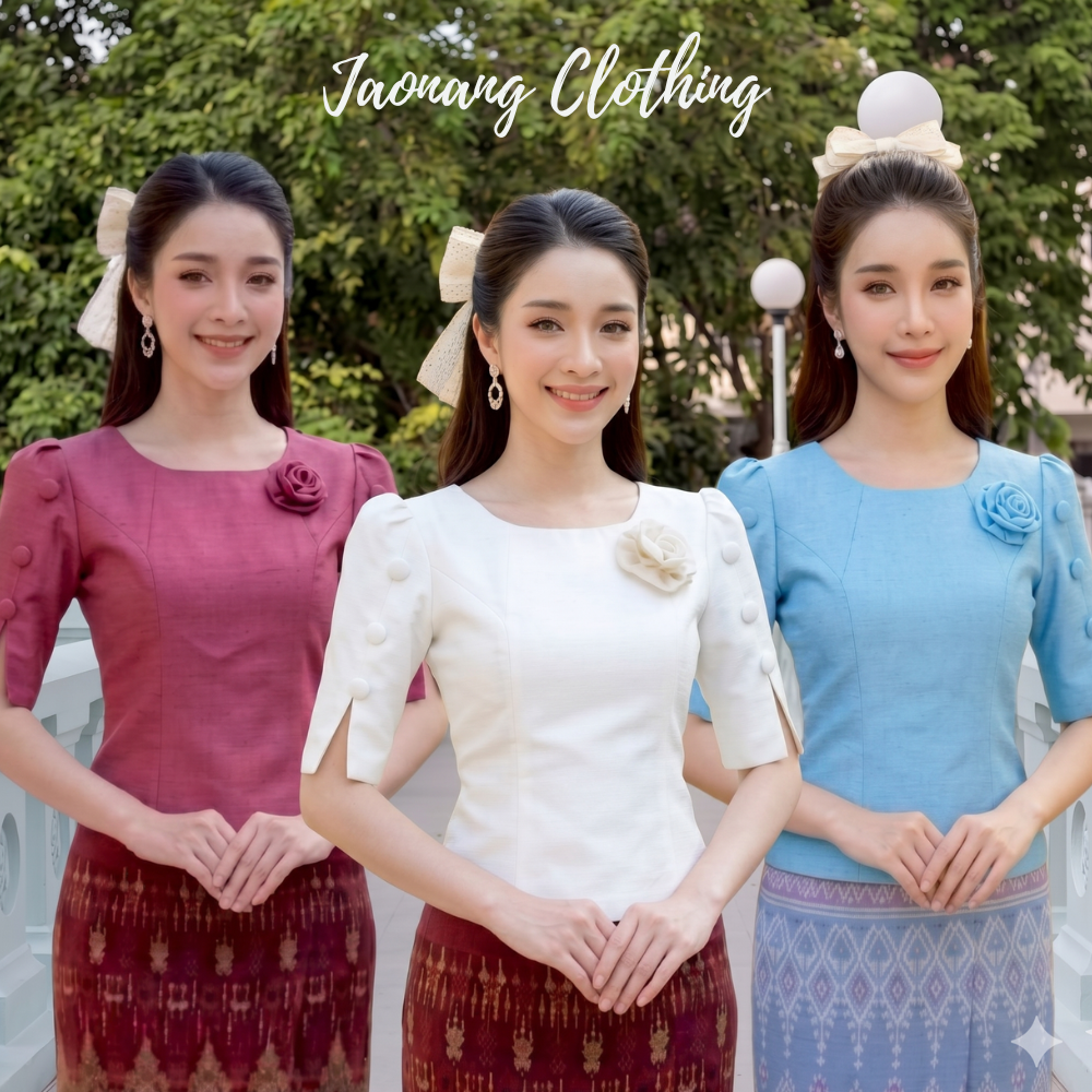เสื้อผ้าไหมลาว เสื้อพื้นเมืองประยุกต์ แขนระบาย แต่งกระดุมตรงแขน ใส่ไปงานบวชงานบุญ สวยมาก