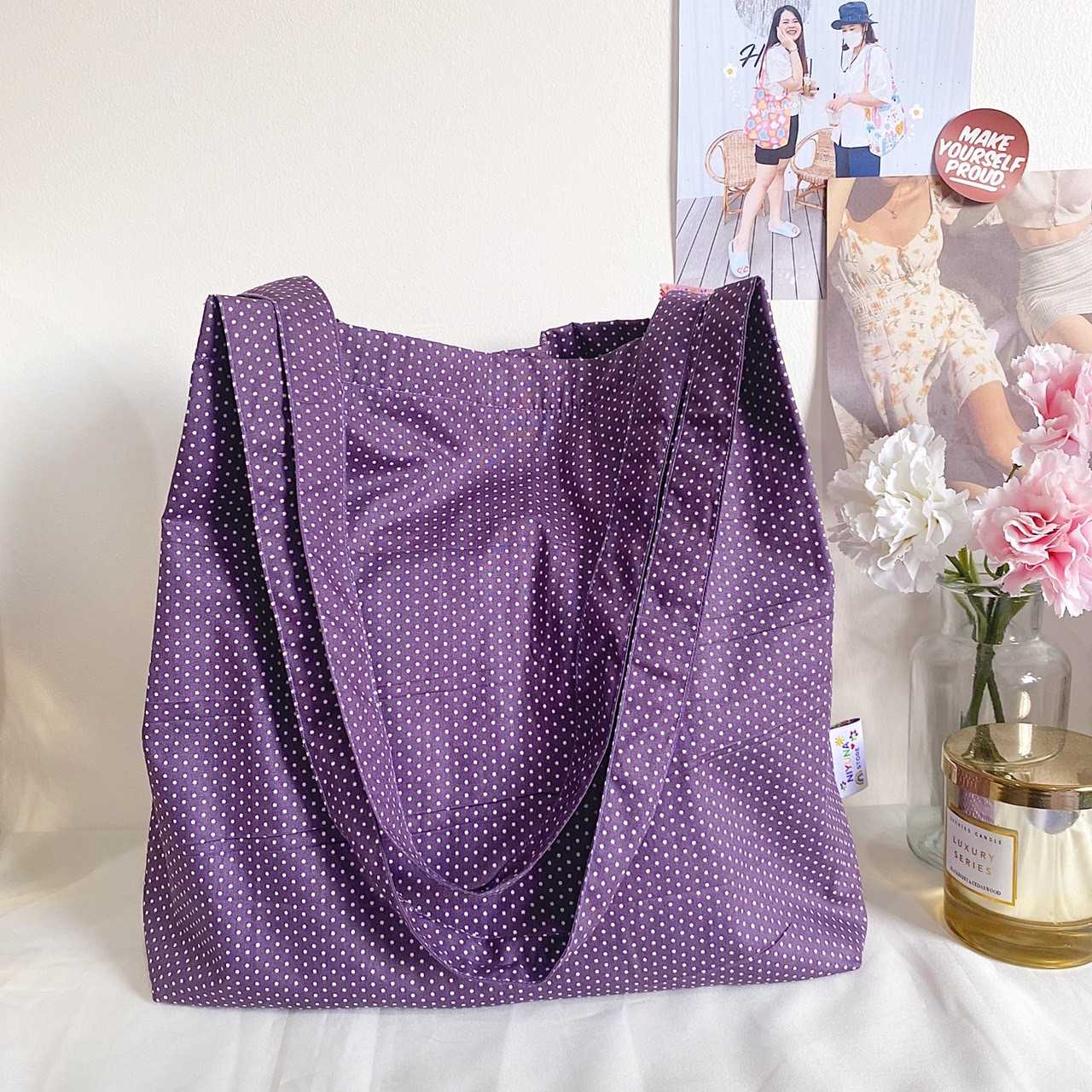 กระเป๋าผ้า ทรง Tote Bag Small Polka dot สีม่วง