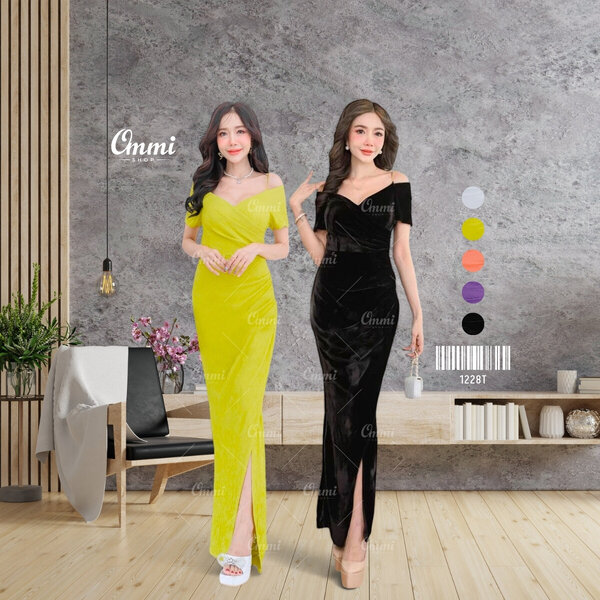 Ommishop ชุดราตรี 1228T ปาดวีไขว้อก ต่อแขน ผ้าทอฟฟี่ เดรสออกงาน ชุดงานแต่ง เพื่อนเจ้าสาว