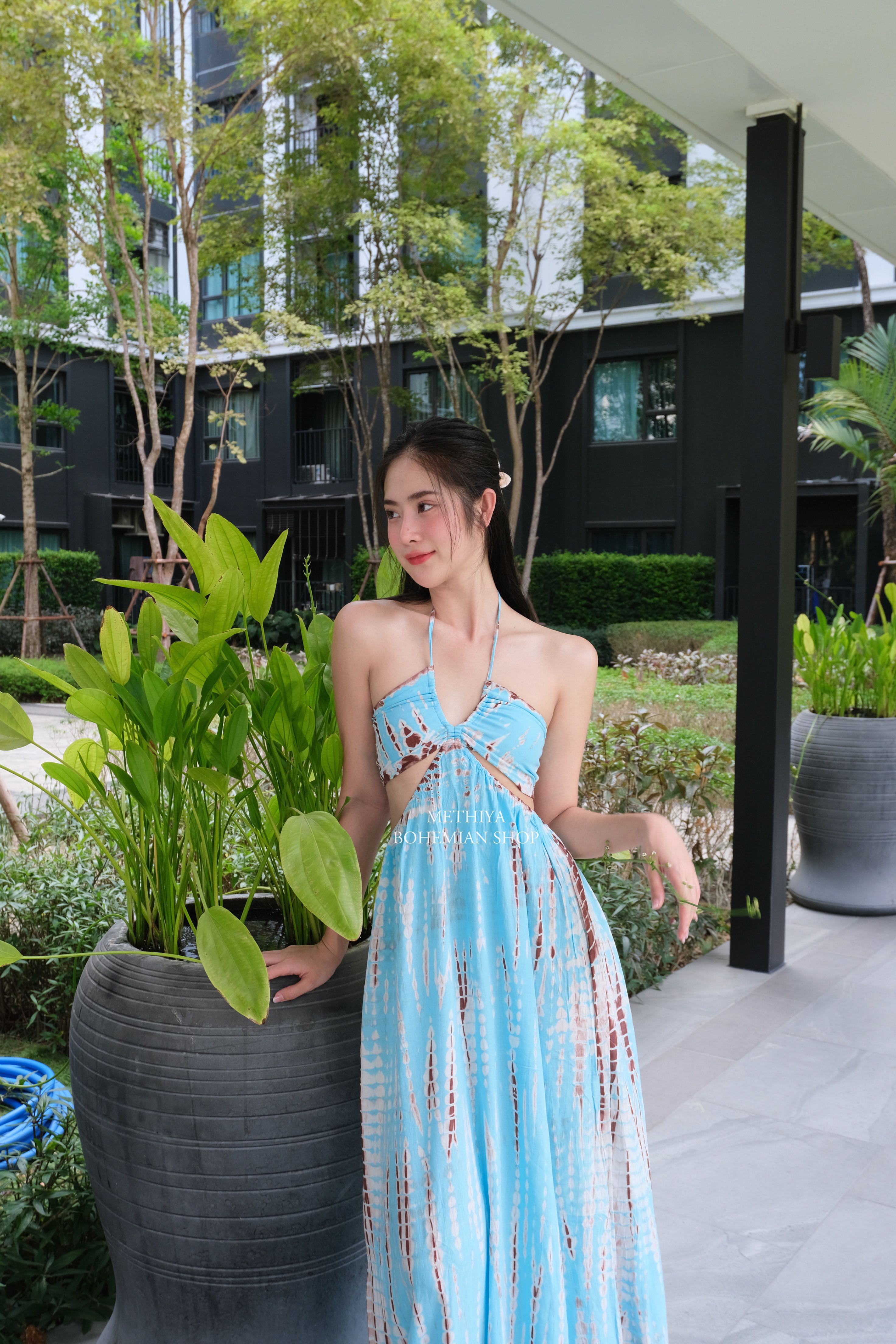 TD-DRL003  ชุดเดรสสายเดี่ยวไปทะเล เดรสมัดย้อมสีสดใส BEACH MAXI DRESS, SUMMER HOLIDAY MAXI DRESS