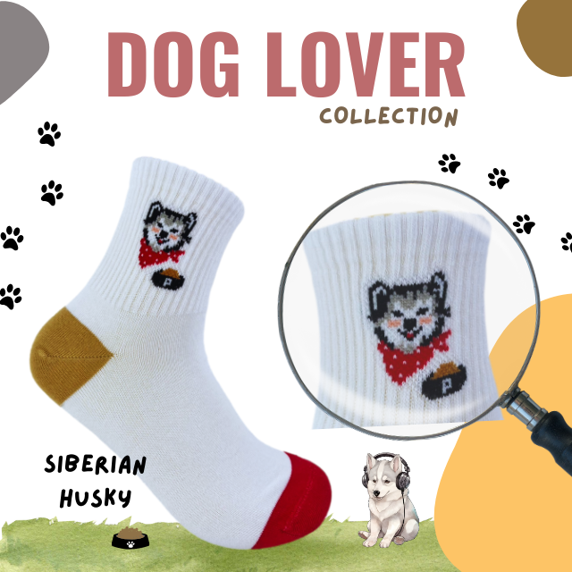 ถุงเท้าแฟชั่นข้อกลาง ฟรีไซส์ ลาย DOG LOVER COLLECTION : SIBERIAN HUSKY