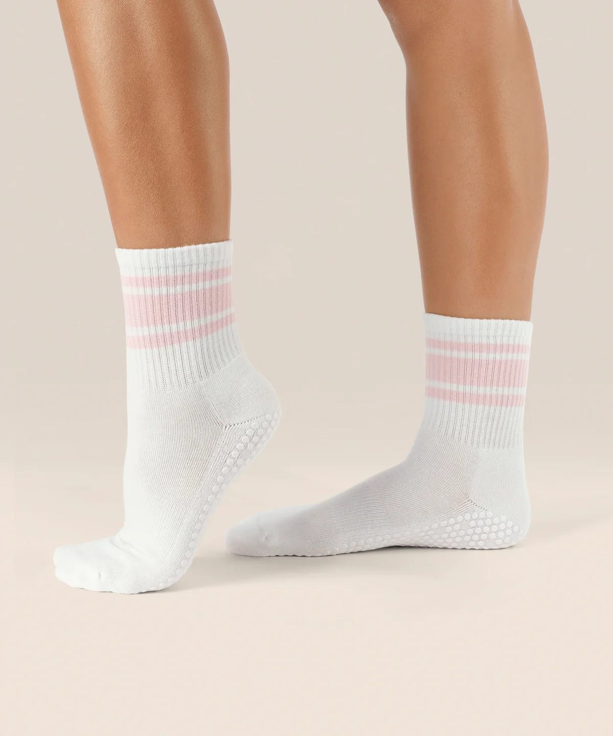 Crew Non Slip Grip Socks - Ivory Pink Stripes