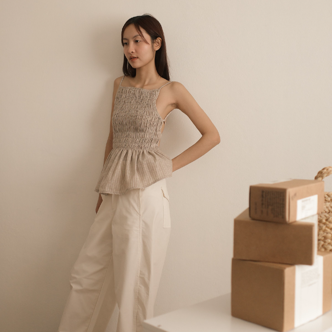 Marie smocked top in brown striped linen