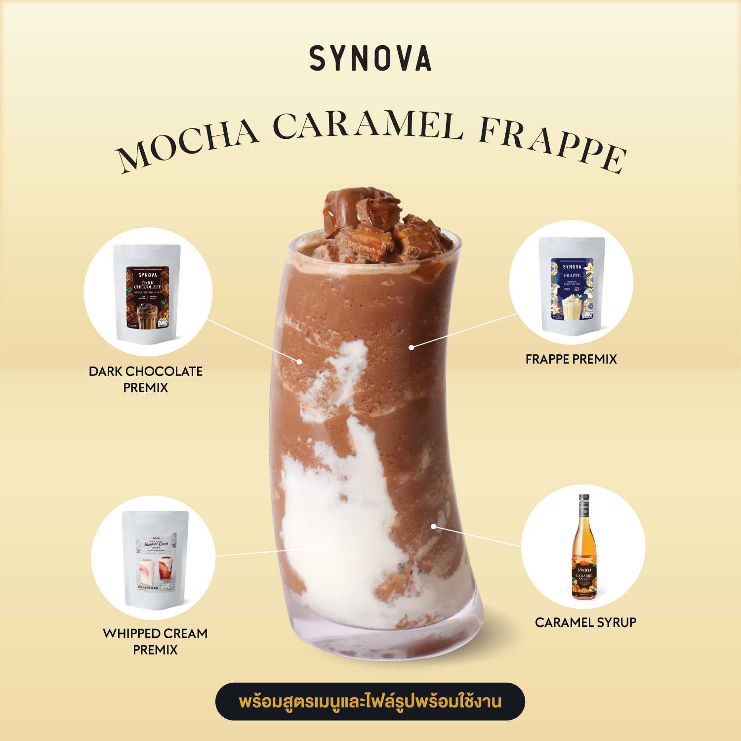 เซ็ตเครื่องดื่ม SYNOVA : เมนูมอคค่าคาราเมลเฟรปเป้ พร้อมภาพ และสูตรชงเครื่องดื่ม (เซ็ต)