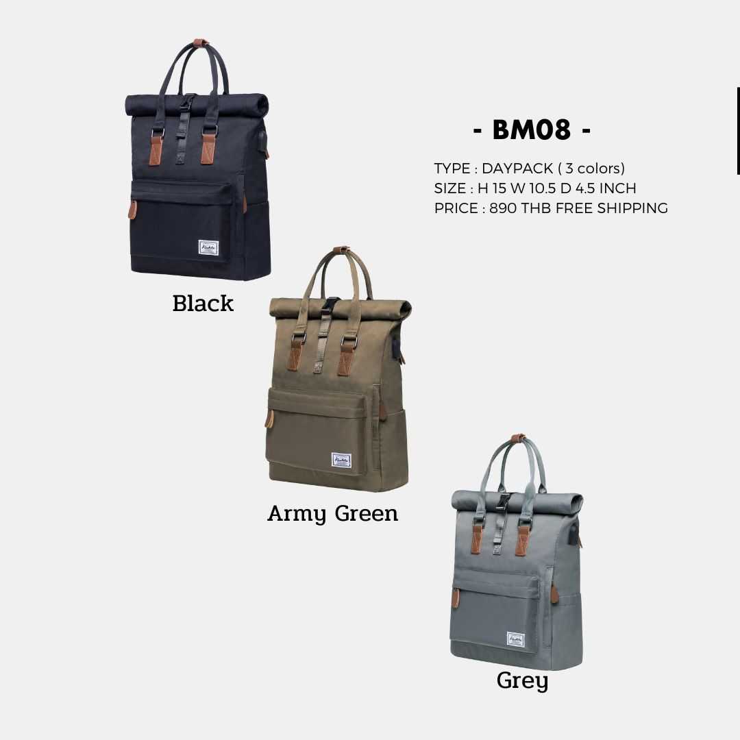 bagsbird รุ่น BM08 จุ20L เป้มีช่องซิปด้านหน้า quick access เนื้อผ้ากันนํ้า ฝาม้วน สูงถึง 4นิ้ว
