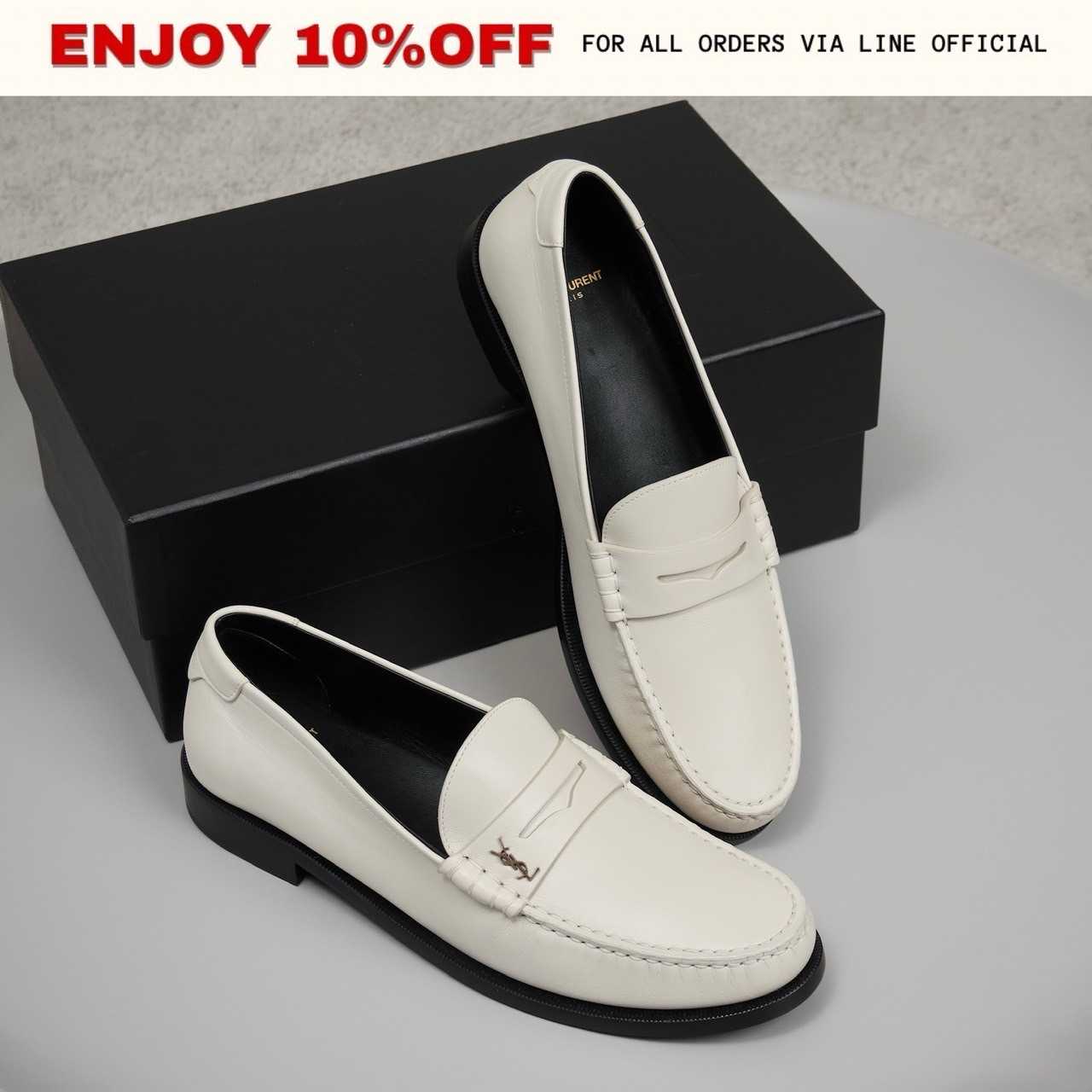 📍LIKE NEW📍SAINT LAURENT Le Loafer Penny Slippers In Smooth Leather สี Pearl | Shoes