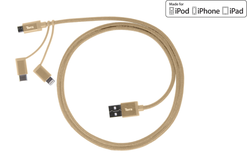 Torrii KeVable 3-in-1 MFi Lightning/USB-C/Micro to USB Cable – Gold