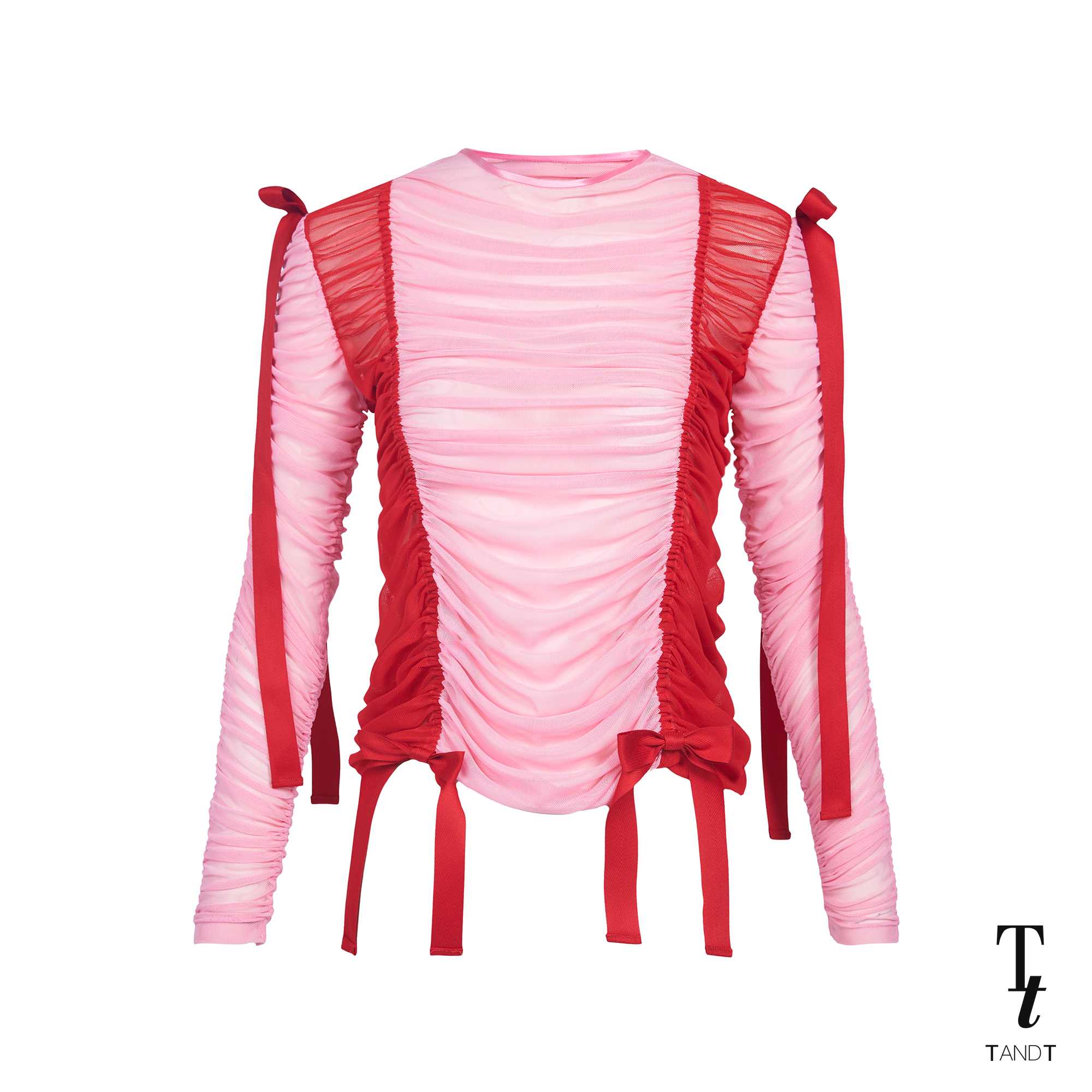 POSY - TWO-TONE RUCHED BOW TRIMMED LONG SLEEVE TULLE TOP