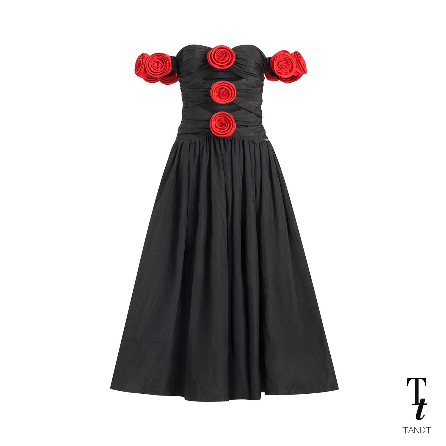TandT - RAQUELA DRESS - OFF THE SHOULDER ROSES HAND-CRAFTED RUCHED CUTOUT MIDI DRESS