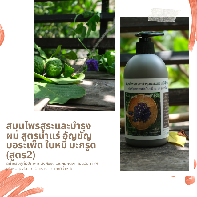 สมุนไพรสระและบำรุงผม สูตร2 น้ำแร่ อัญชัญ บอระเพ็ด ใบหมี่ มะกรูด (สูตร2) แบบขวด 500 มล.