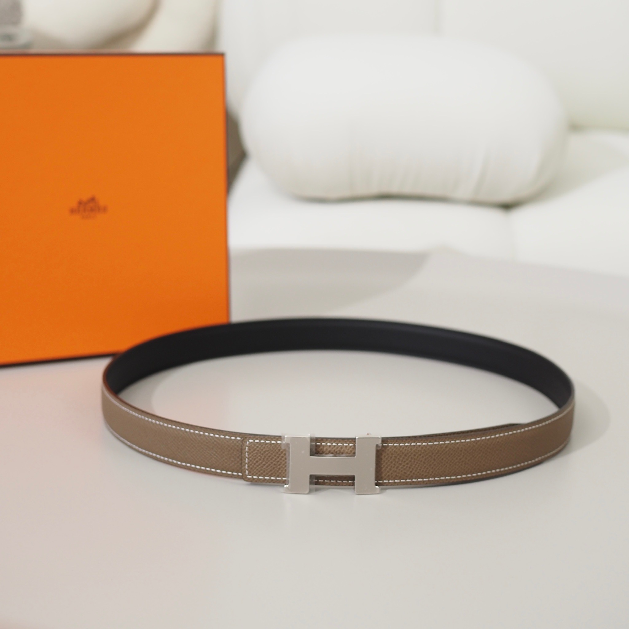 NEW! HERMES Mini Constance Belt Reversible 24MM สี Noir/Etoupe Epsom PHW | ACC