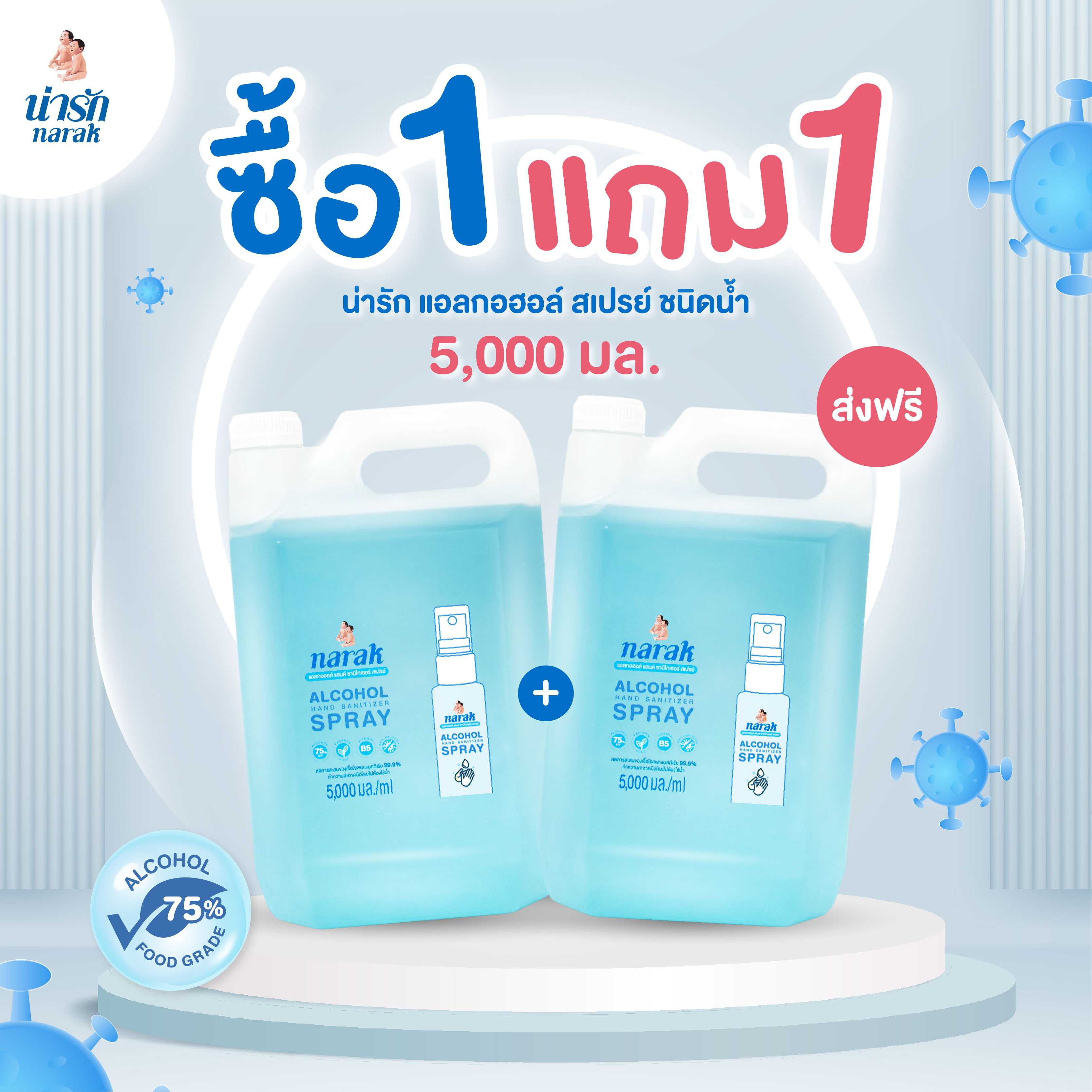 โปรโมชั่น น่ารักแอลกอฮอล์ สเปรย์ (แบบน้ำ) ขนาด 5,000 มล.  ซื้อ 1 แถม 1
