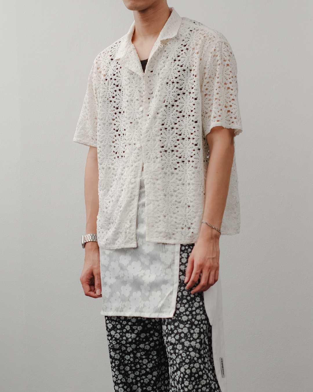 Floral Net Resort Shirt in Light Beige