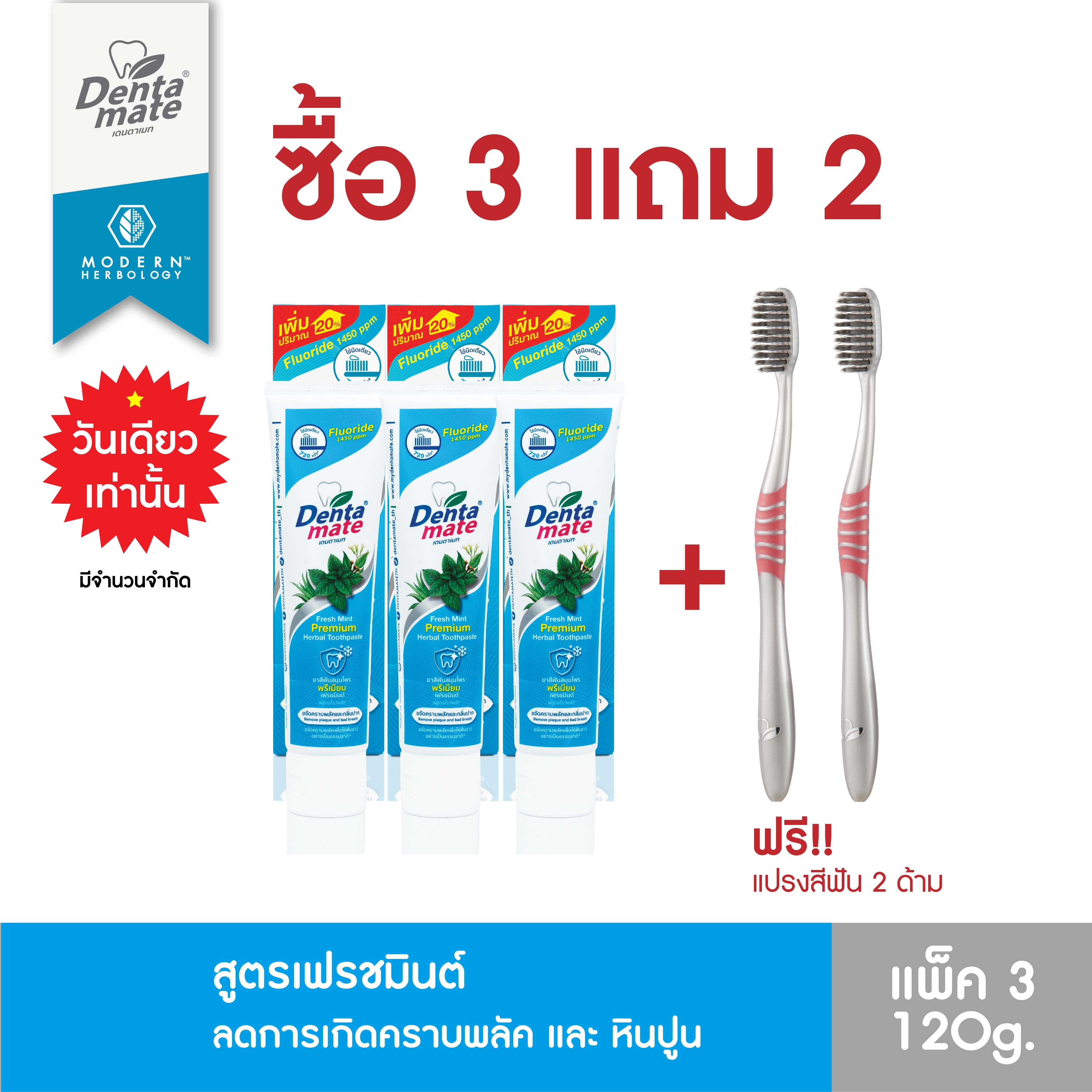 [แพ็คสุดคุ้ม 3 หลอด] เดนตาเมท ยาสีฟันสมุนไพร พรีเมียม เฟรชมินต์ ฟลูออไรด์พลัส 120g.