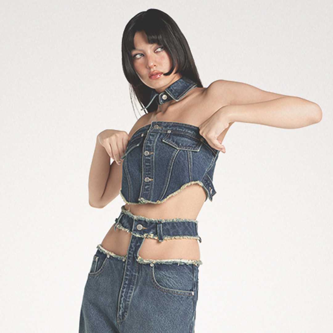 MAYA  Attached collar denim tube tops