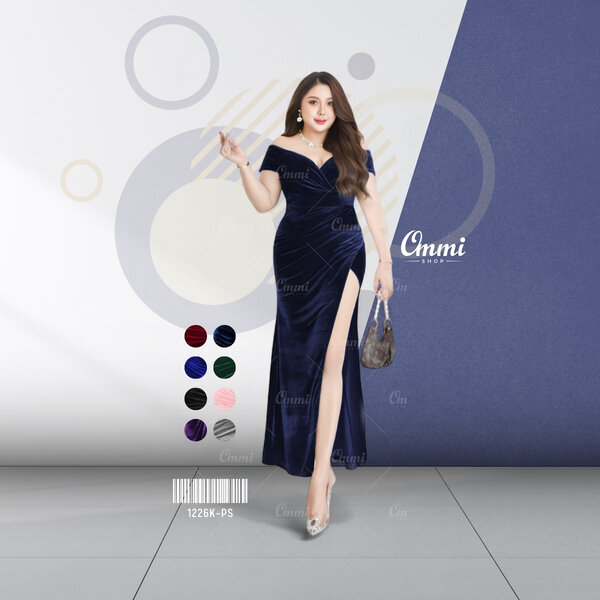 Ommishop ชุดราตรี 1226K-PS ปาดหน้าคอวี กำมะหยี่ เดรสออกงาน ชุดงานแต่ง เพื่อนเจ้าสาว เดรสสาวอวบ Pl...