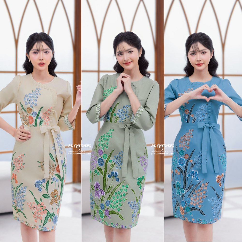 ชุดเดรส งานผ้าปาเต๊ะ ลายดอกไม้ แขนยาวศอก ระบายอก แต่งโบว์เอว งานเรียบร้อยๆ น่ารักๆ ใส่ได้ทุกโอกาส