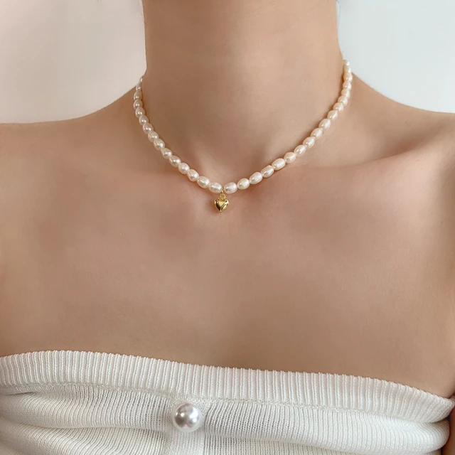 N096 สร้อยมุกทรงรี จี้หัวใจ 