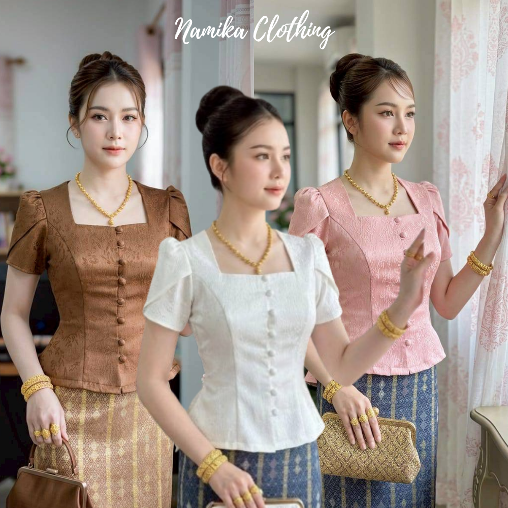 เสื้อผ้าฝ้าย cotton ลายดอกนูน แขนกลีบบัว คอเหลี่่ยม งานเข้ารูปเข้าทรงสวย ใส่ได้ทุกโอกาส