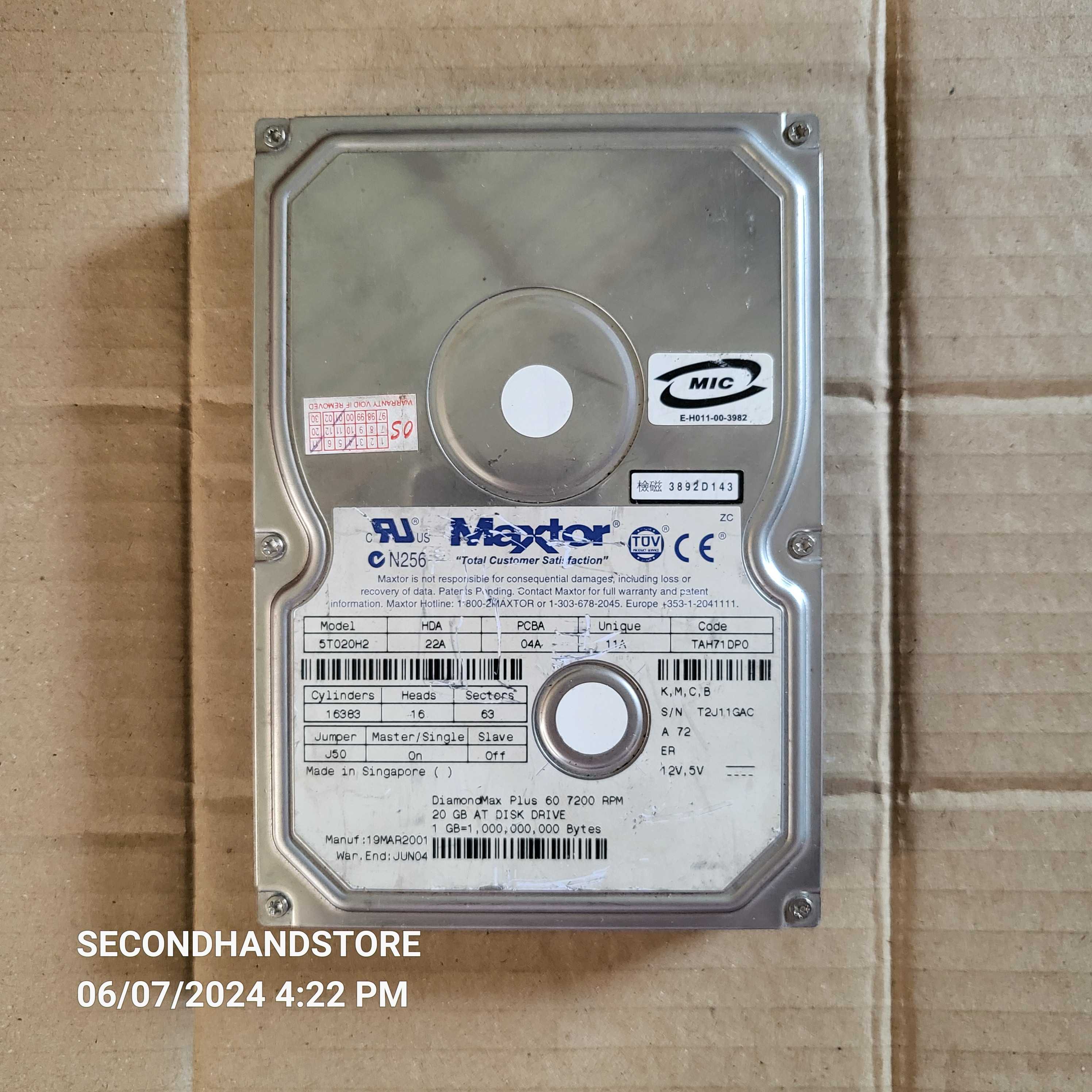 ฮาร์ดดิสค์ IDE 20GB MAXTOR DIAMOND PLUS 60 7200RPM 5T020H2 #HARDDISK