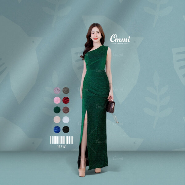 Ommishop ชุดราตรี 1351V ไหล่เดี่ยว ผ้า Glitter เดรสออกงาน ชุดงานแต่ง เพื่อนเจ้าสาว