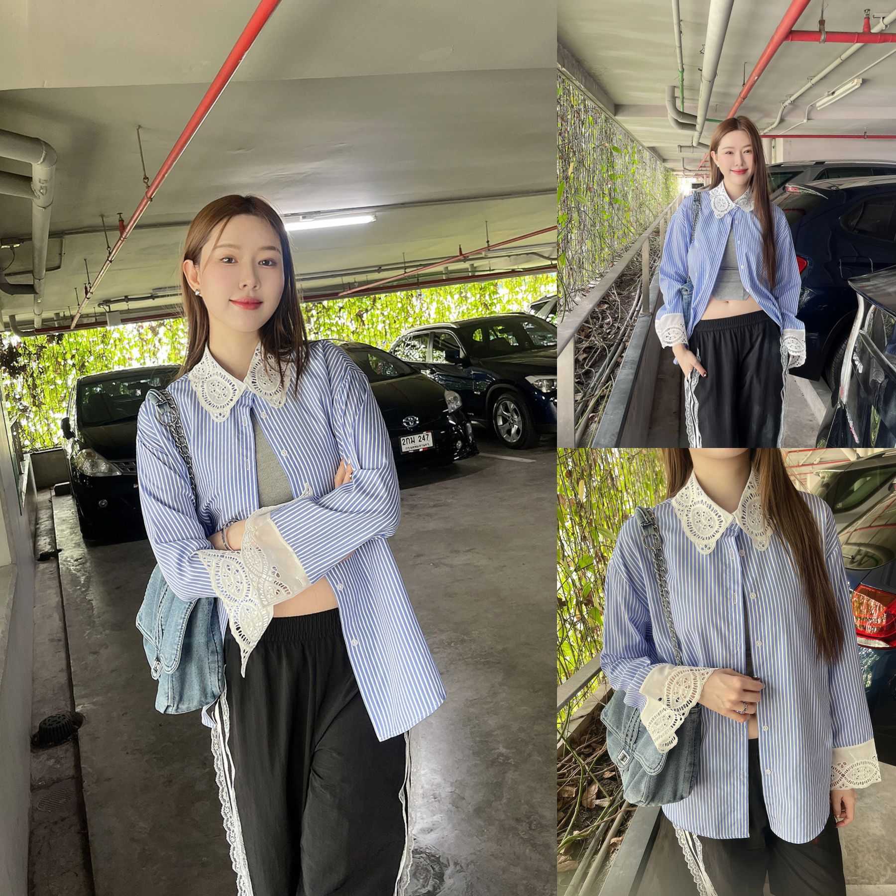 SLYQ HAMPTON STRIPE LACE COLLAR SHIRT เสื้อเชิ้ตลายทางแขนยาวแต่งปกลูกไม้ สีฟ้าเข้ม-ขาว