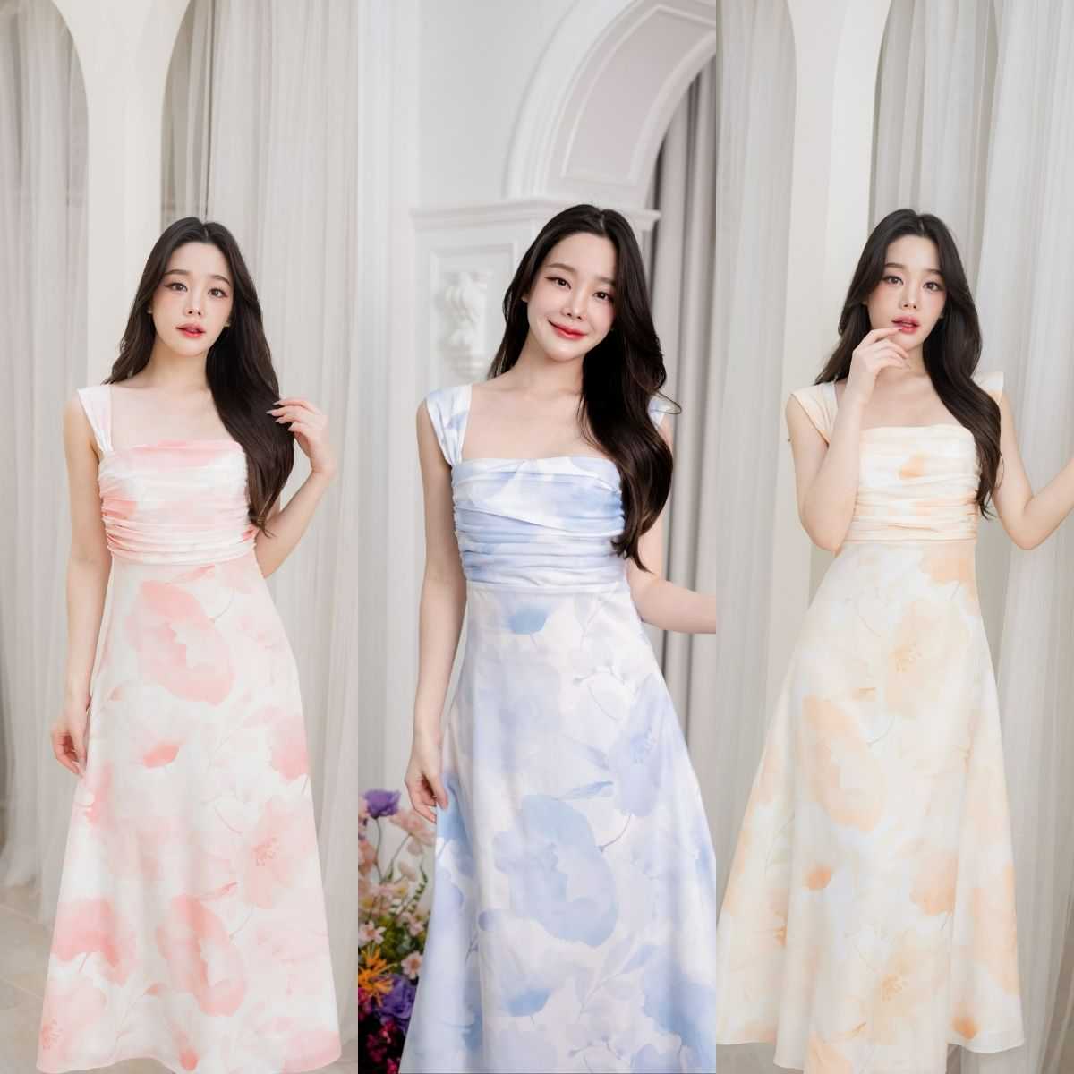Pirunya - Long Dress 15 เดรสยาว เกาะอก แขนกุด แต่งจีบที่อก (ผ้าพิมพ์ลาย)