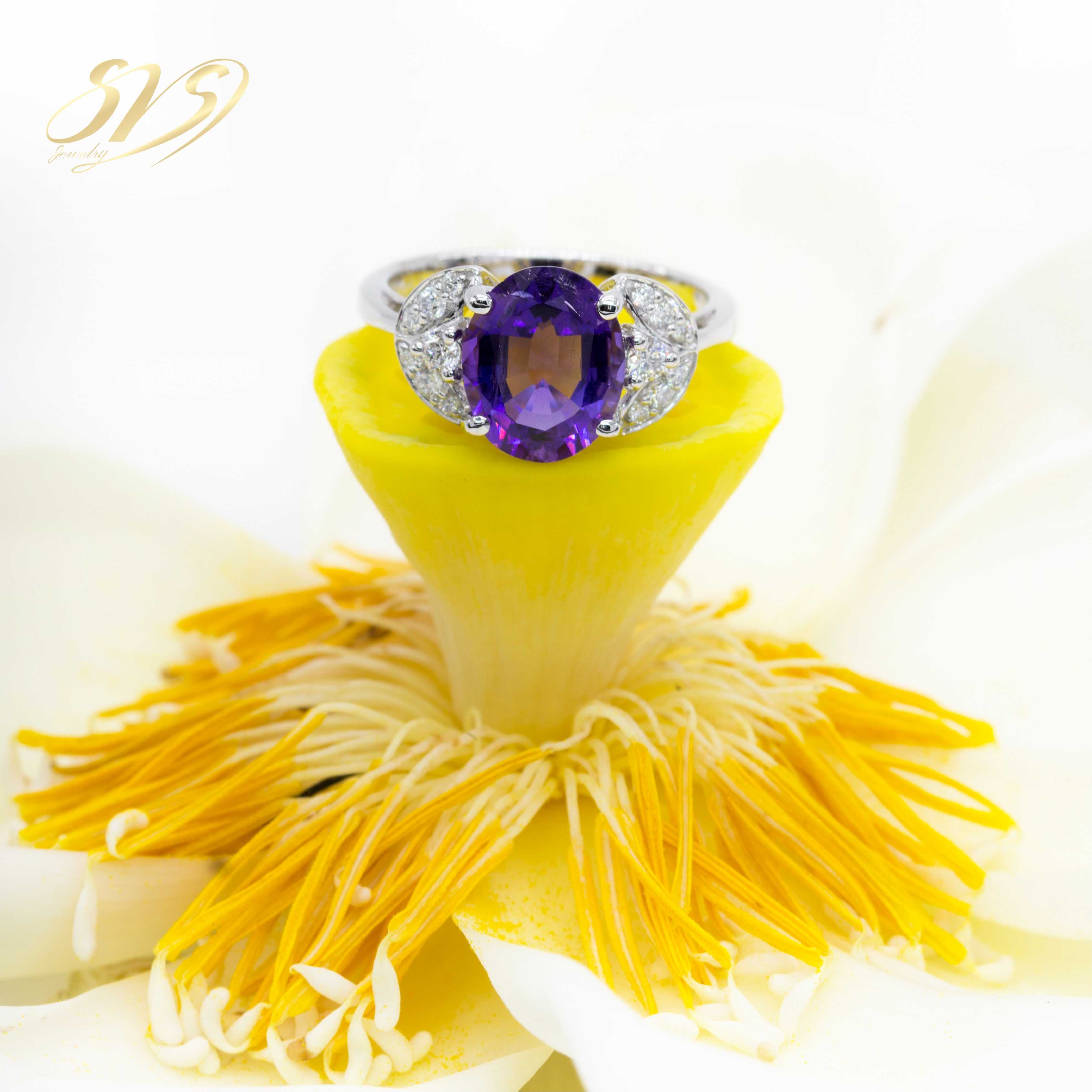 Amethyst with Natural Diamond White Gold Ring